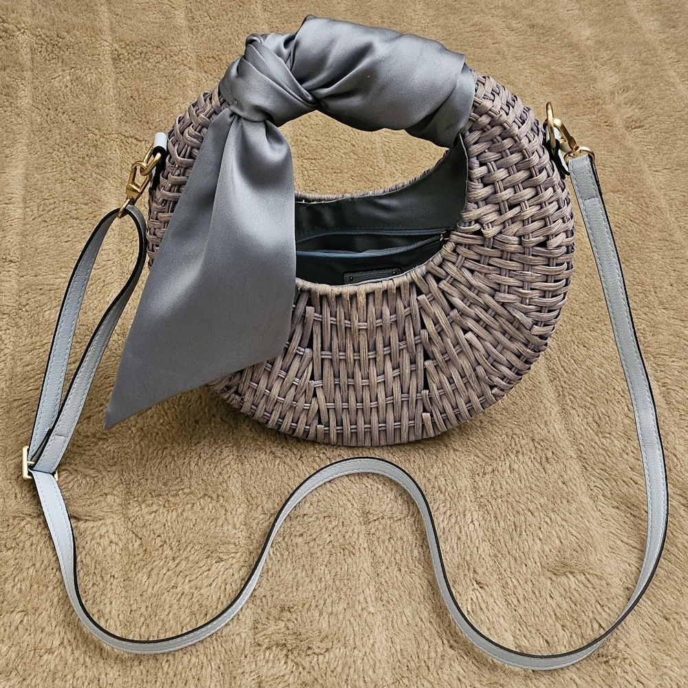 Scoop Woven Straw Bucket Basket Bag with Satin Scarf Tie